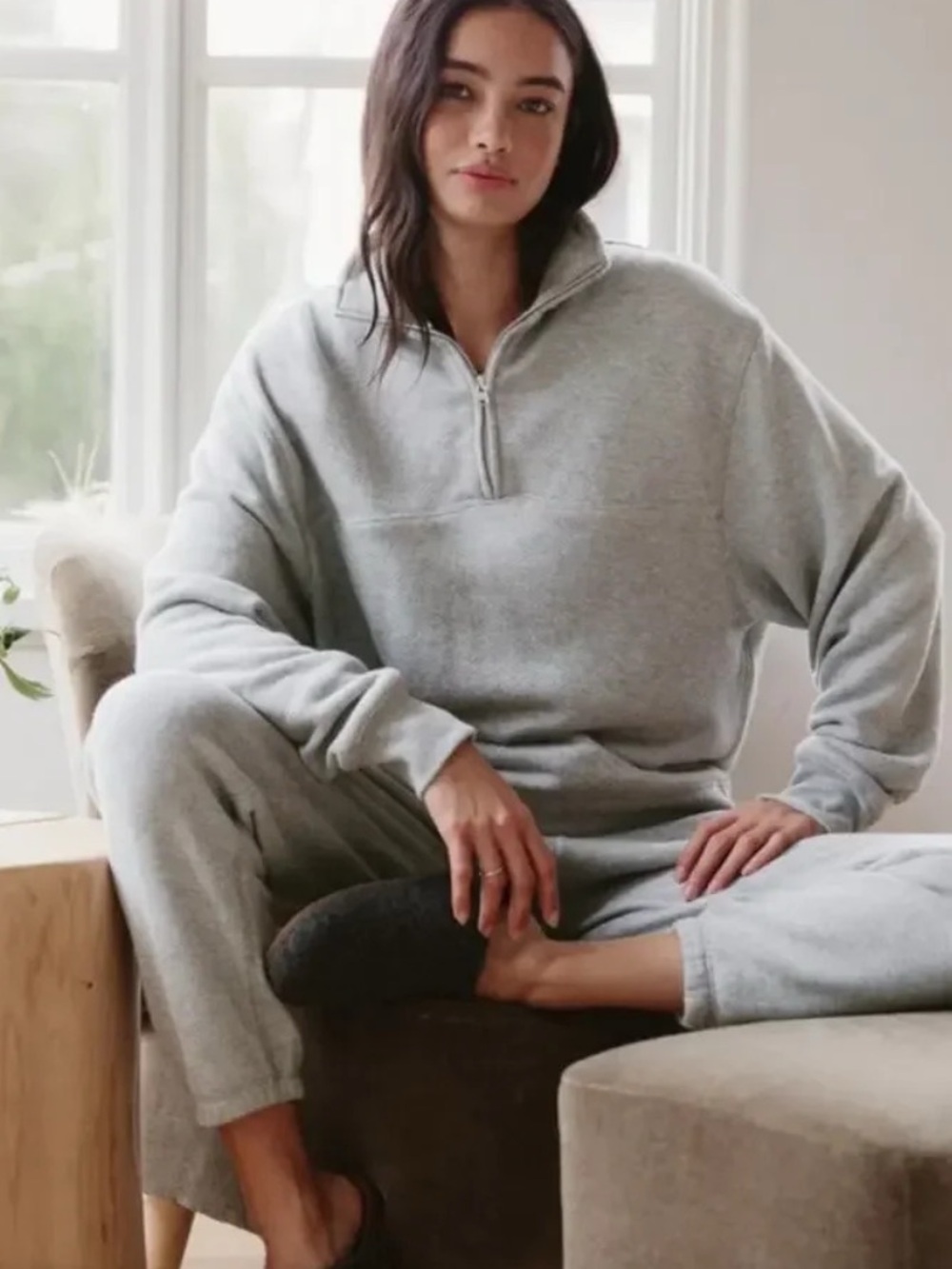Jenni Kayne Cozy Light Gray Quarter-Zip Sweatshirt